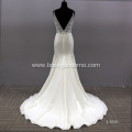 Modern Sexy V neck Illusion Backless Pattern Lace Halter Sleeveless Wedding Dress White Mermaid